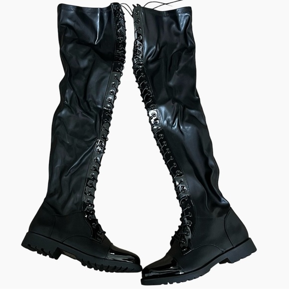Azalea Wang thigh high Black stretch Faux Patent Lace Up Over Knee combat Boots - Picture 6 of 14